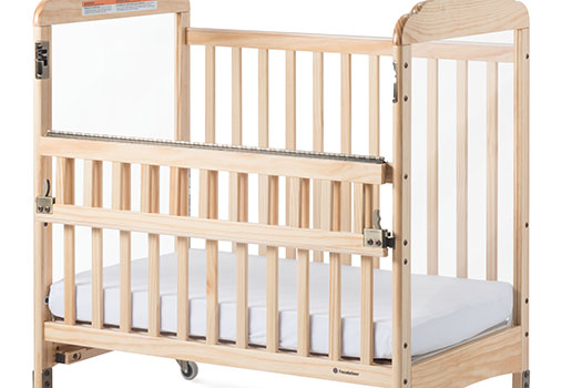 Foundations Serenity SafeReach crib has a drop gate to reduce risk of back strain