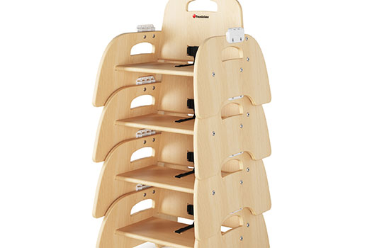 Foundations feeding chairs stack up to four high for space saving storage