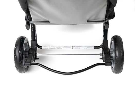 Foundations three seat stroller has a convenient food operated braking system