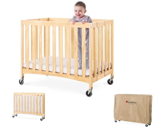 Foundations Cuna plegable de madera de tamaño completo, cuna de bebé  portátil con colchón de espuma InfaPure y ruedas de grado comercial de gran